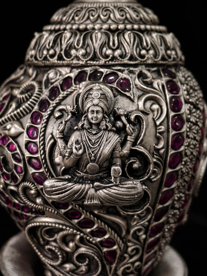 Pure 92.5 Silver Lakshmi Conch Shell with Turtle Stand, embellished with stones