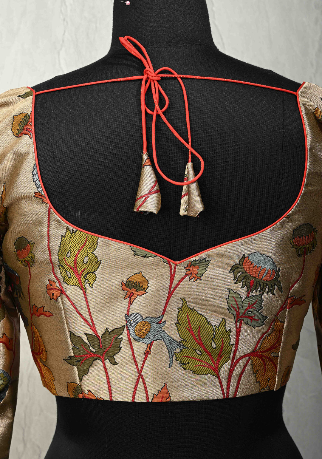 SIZE 36" Bronze Semi Paithani Style Tissue Silk Leaf Neckline with Meenakari Fauna Brocade and Full Sleeves Blouse