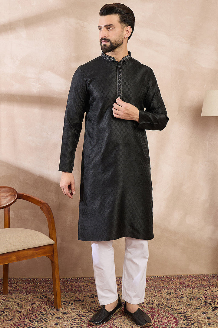Black Silk Blend Solid Woven Design Straight Kurta With Trouser | SHOBITAM