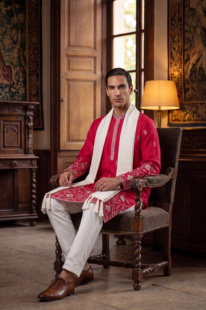Men Pink Silk Blend Solid Embroidered Straight Kurta Trouser with Dupatta  | SHOBITAM