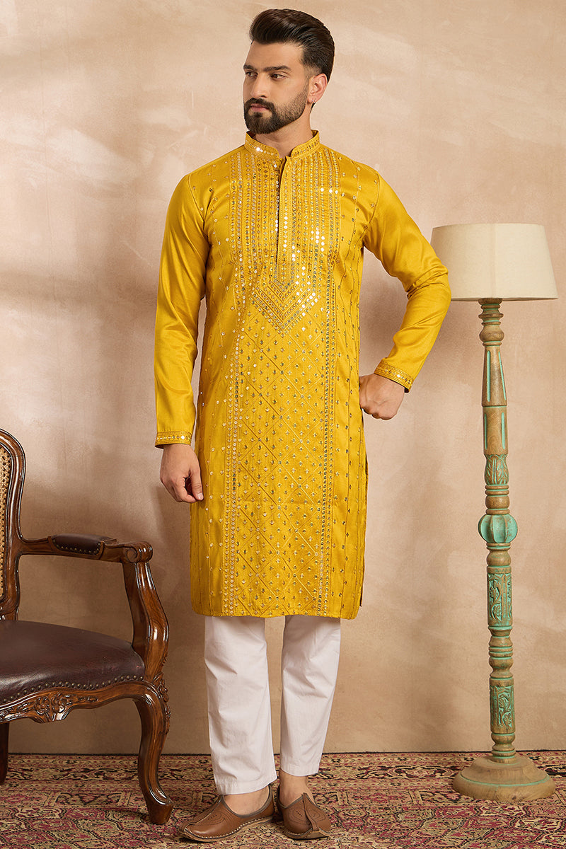 Yellow Silk Blend Geometric Embroidered Straight Kurta | SHOBITAM