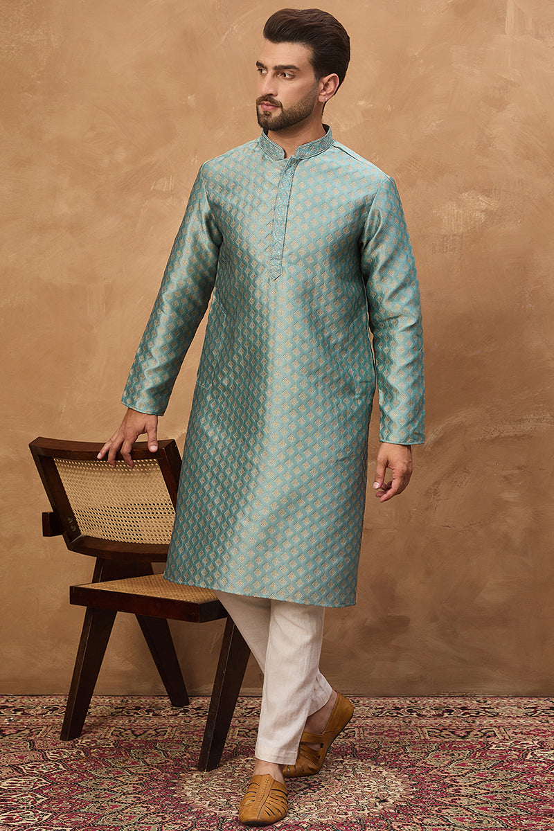 Blue Silk Blend Solid Woven Design Straight Kurta | SHOBITAM