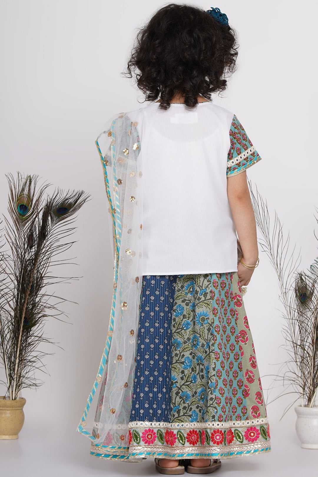 Girls Cotton Floral Embroidery Kurta with Kali Work Lehenga and Tussel work | SHOBITAM