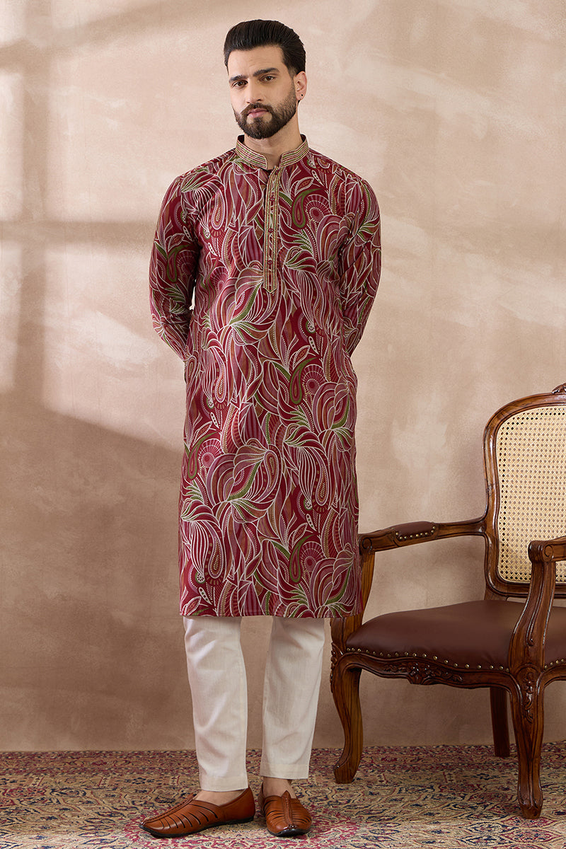 Red Silk Blend Printed Mandarin Collar Straight Kurta With Trouser | SHOBITAM