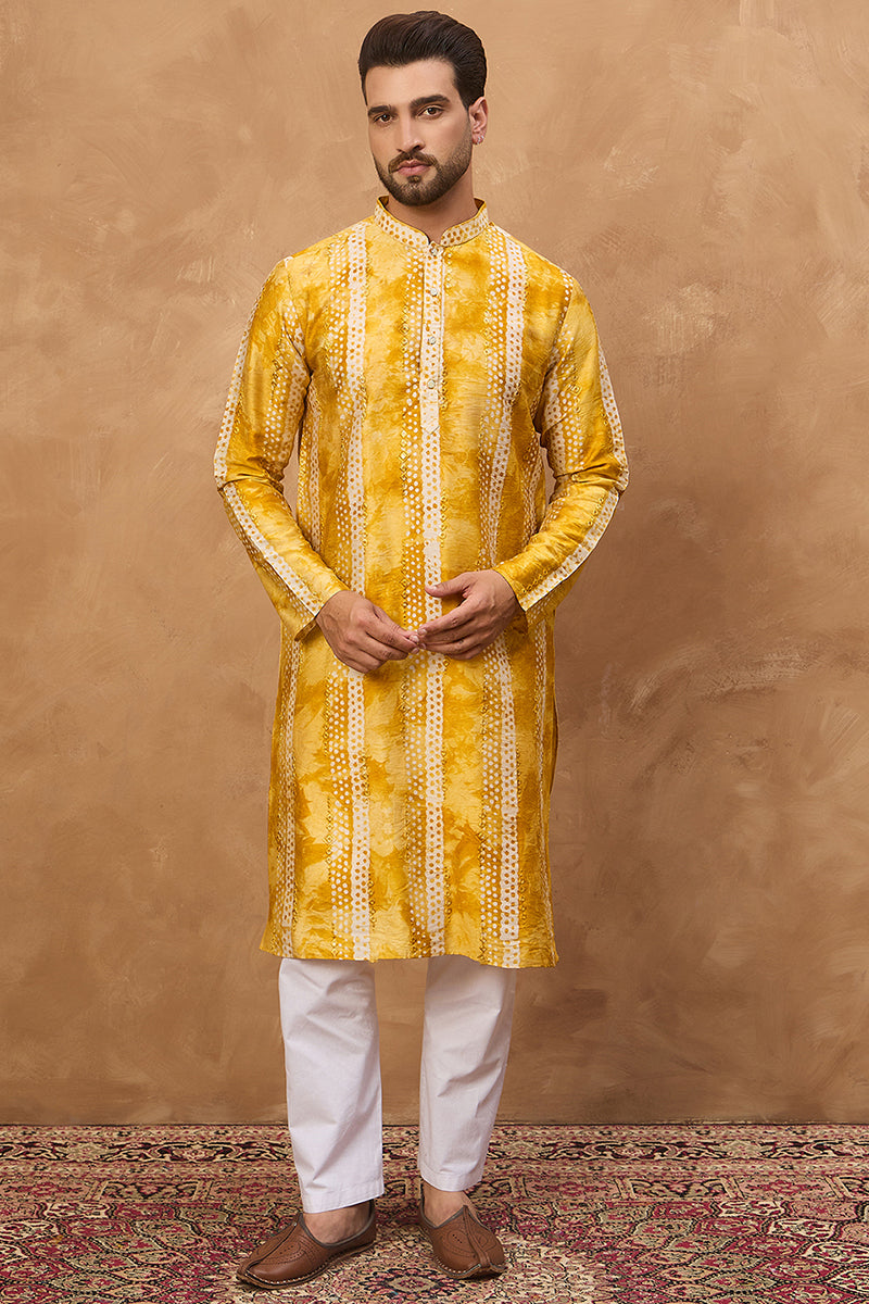 Yellow Silk Blend Shibori Embroidered Straight Kurta | SHOBITAM