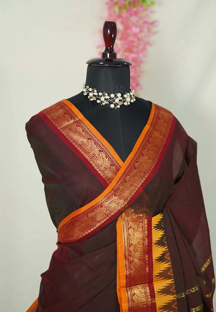 Coffee Chettinad Cotton Saree with Zari detailing
