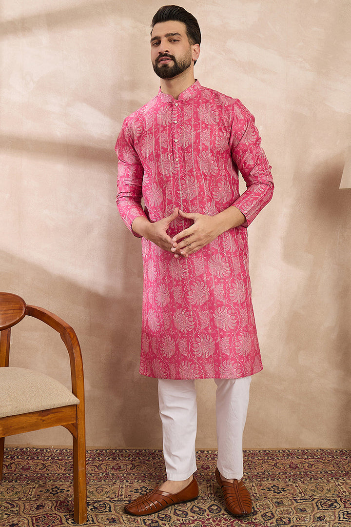 Pink Silk Blend Floral Printed Straight Kurta With Trouser | SHOBITAM