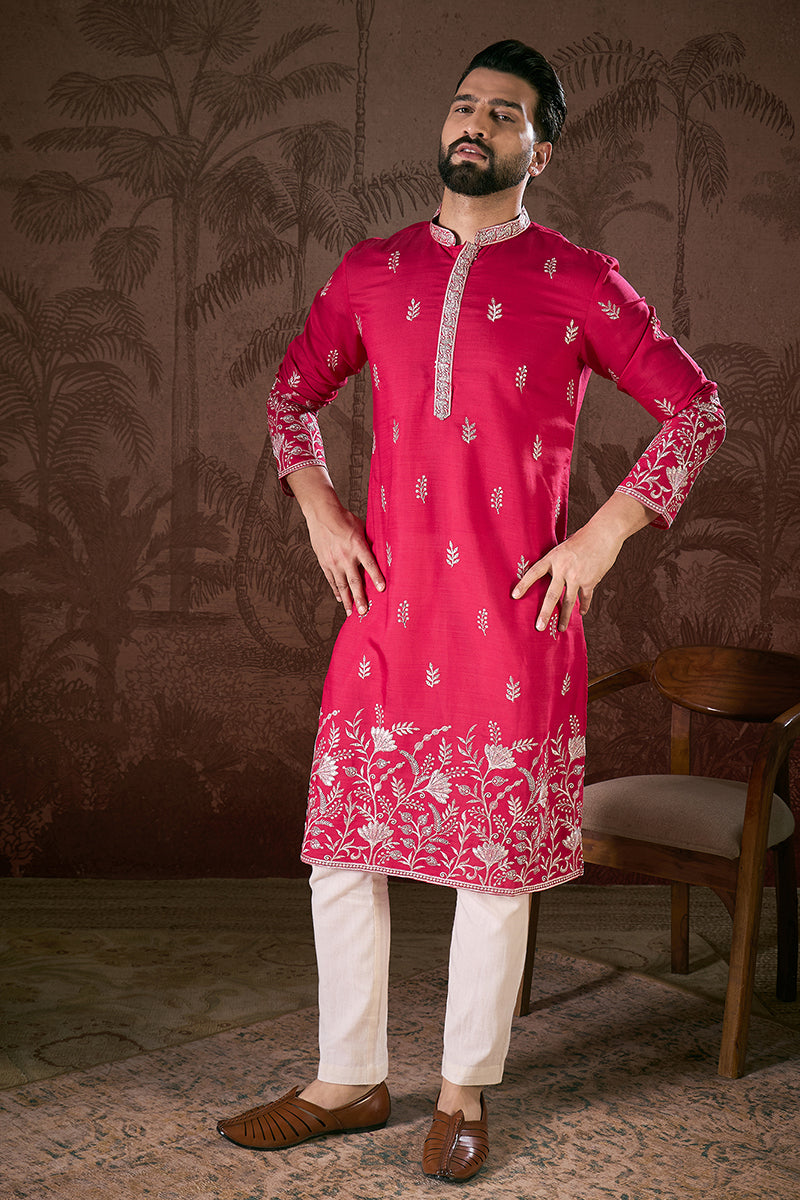 Pink Silk Blend Solid Embroidered Straight Kurta With Trouser | SHOBITAM
