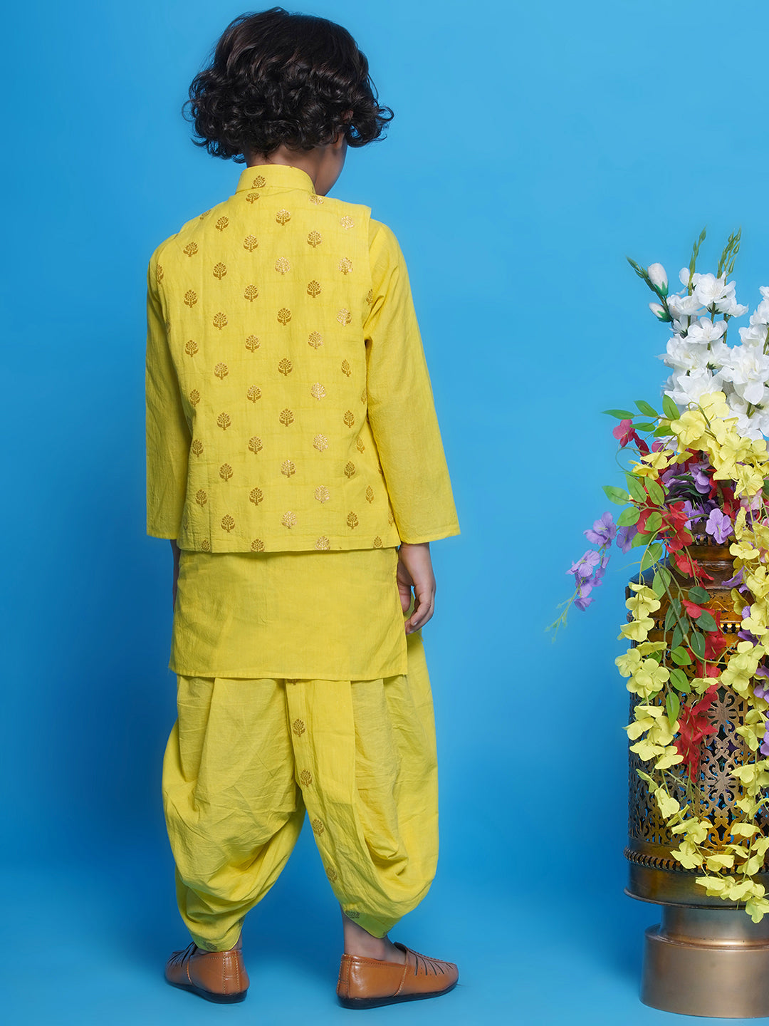 Cotton Sleevelees Golden Floral Embrodiery Nehru Jacket with Kurta and Dhoti - Kaccha Yellow | SHOBITAM