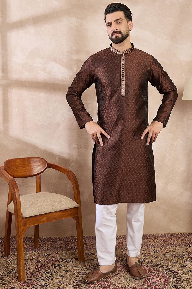 Brown Silk Blend Solid Woven Design Straight Kurta | SHOBITAM