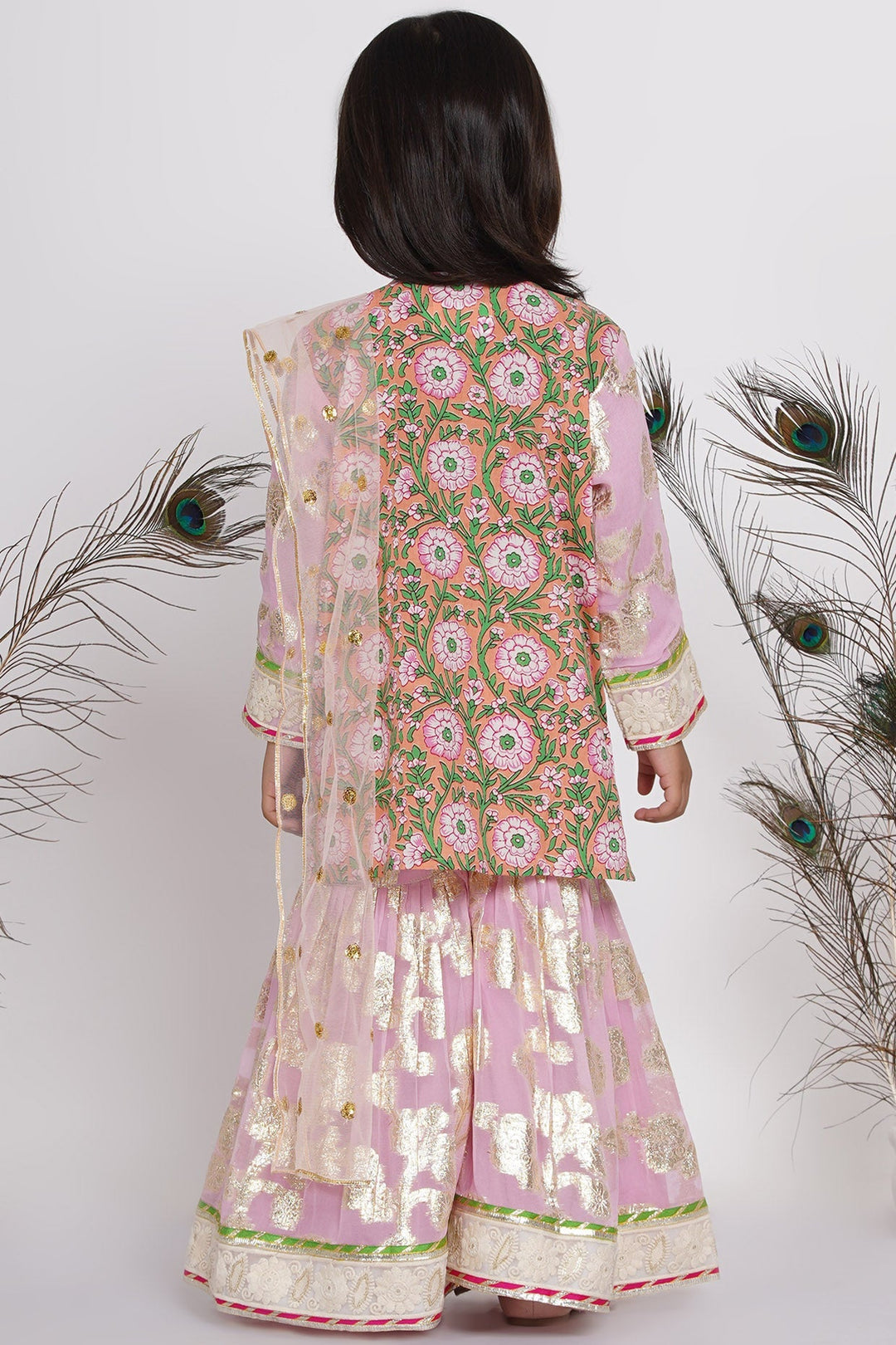 Girls Bengali Lace work Floral Kurta with Embellished Sharara & Duppata in Pink | SHOBITAM