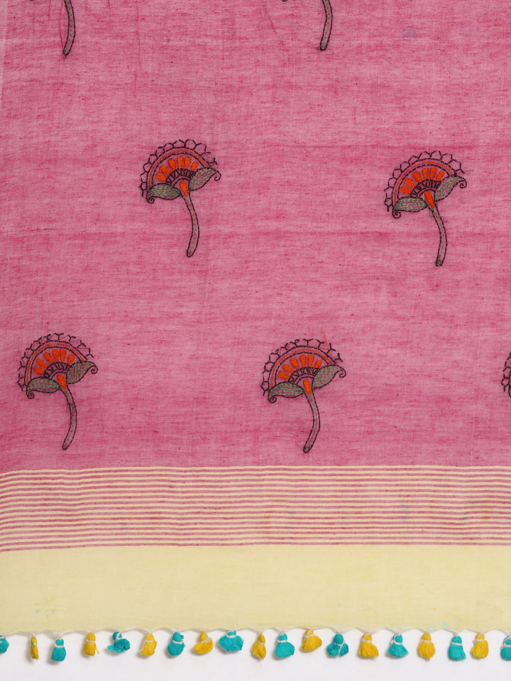 Blue Pink Pure Cotton Kantha Stitch saree | SHOBITAM