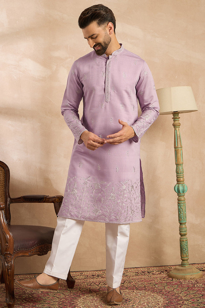 Lavender Silk Blend Floral Embroidered Straight Kurta | SHOBITAM