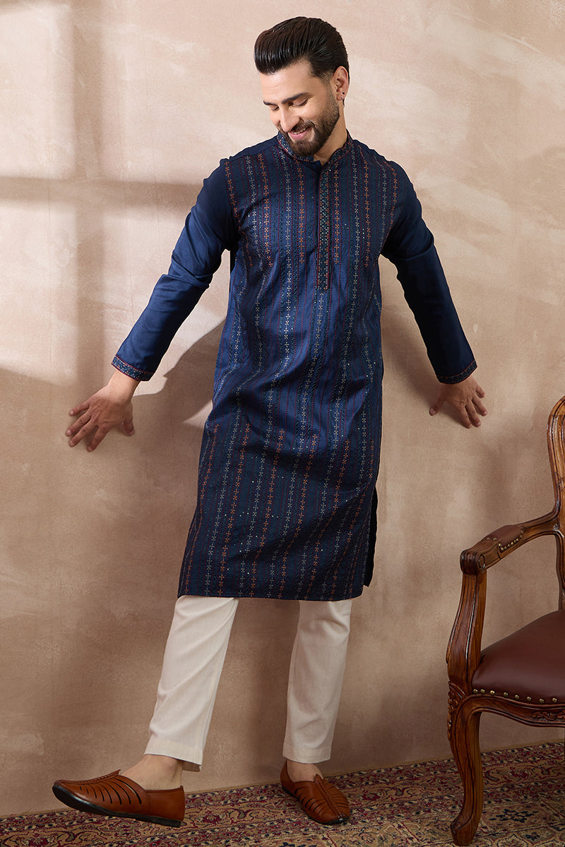 Navy Blue Silk Blend Embroidered Mandarin Collar Straight Kurta For Men | SHOBITAM