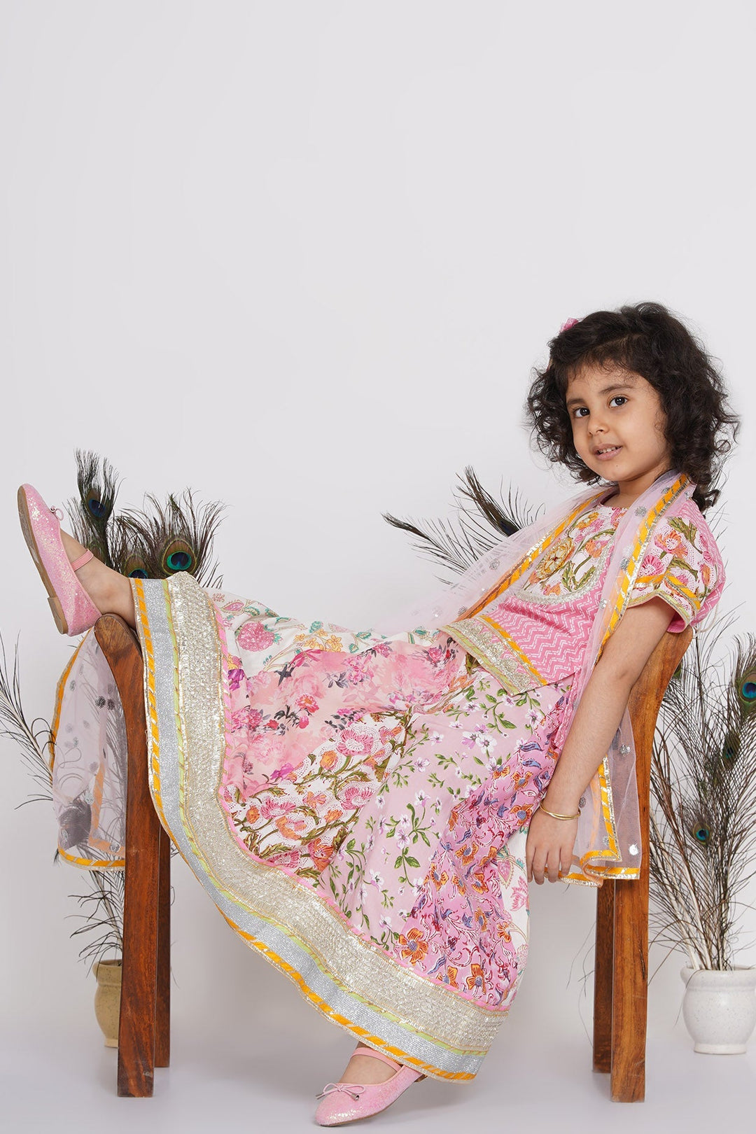 Girls Kali Work Floral Lehenga with Long Jaipuri Kurta and Dupatta in Pink | SHOBITAM