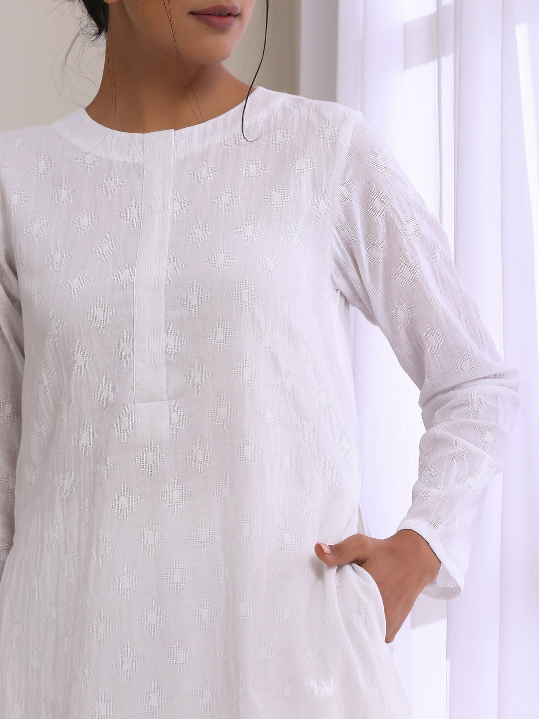 White Dobby Front Placket Co-Ord Set  | SHOBITAM