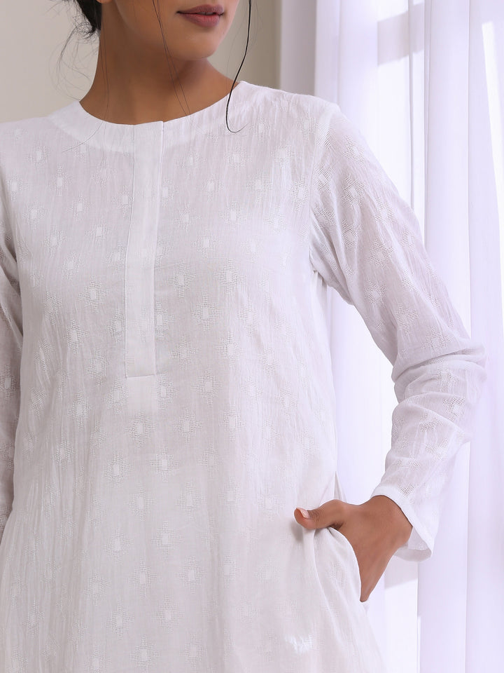 White Dobby Front Placket Co-Ord Set  | SHOBITAM