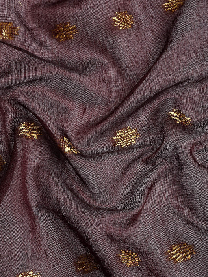Chocolate Red Zari Buti Silk Cotton Saree with blouse piece | SHOBITAM