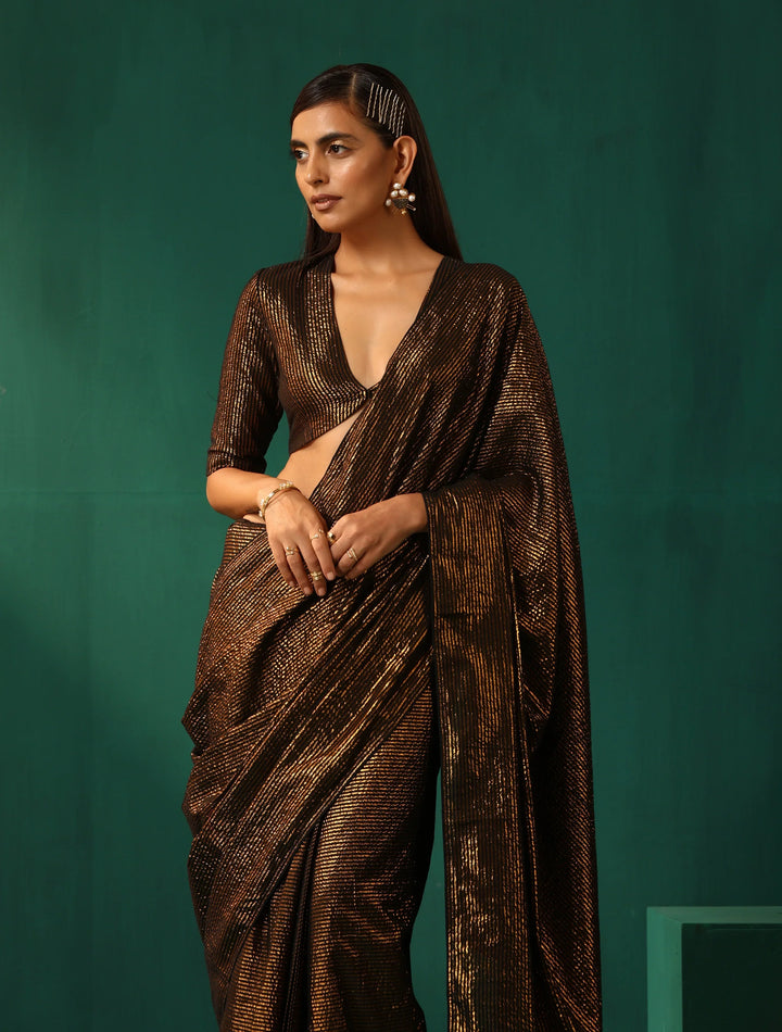 Black Cotton Gold Striped Saree With Unstitched Blouse | SHOBITAM