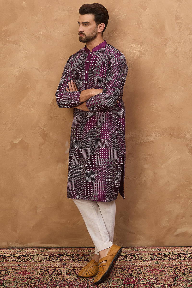 Purple Silk Blend Geometric Printed Straight Kurta  | SHOBITAM