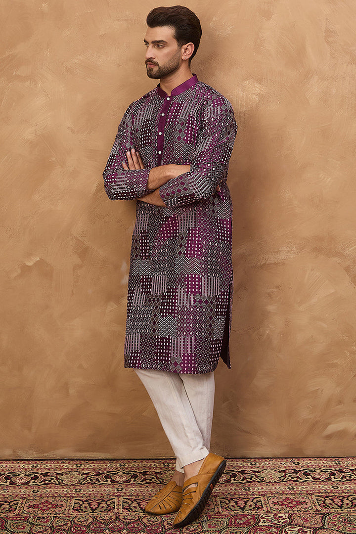 Purple Silk Blend Geometric Printed Straight Kurta  | SHOBITAM