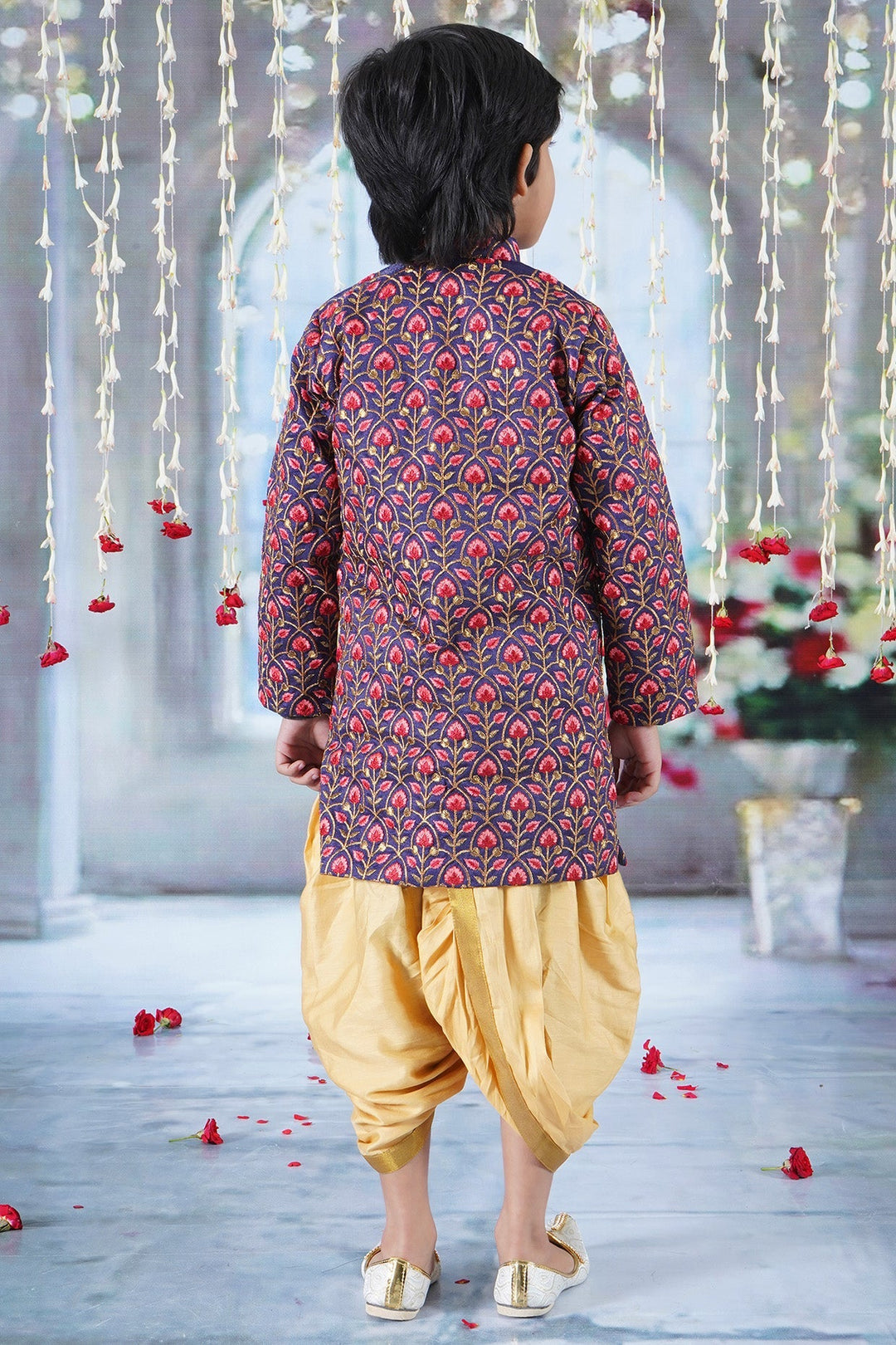 Boys Bageecha Floral Thread work Angrakha Sherwani with Beige Silk Dhoti  | SHOBITAM
