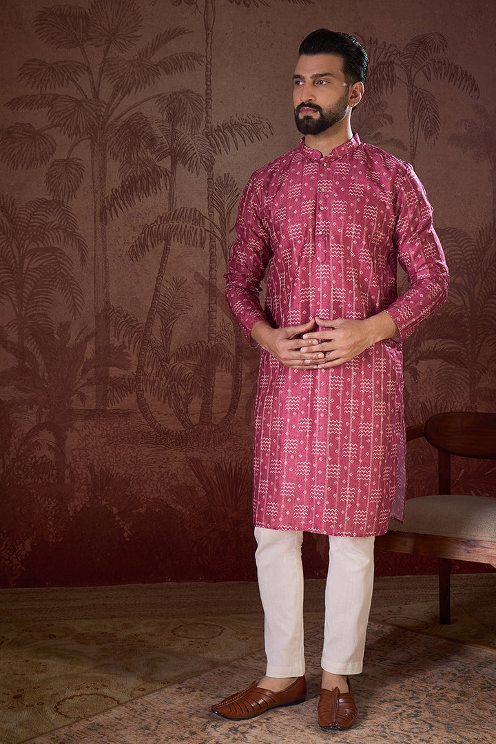 Pink Silk Blend Ethnic Motifs Printed Straight Kurta For Men | SHOBITAM