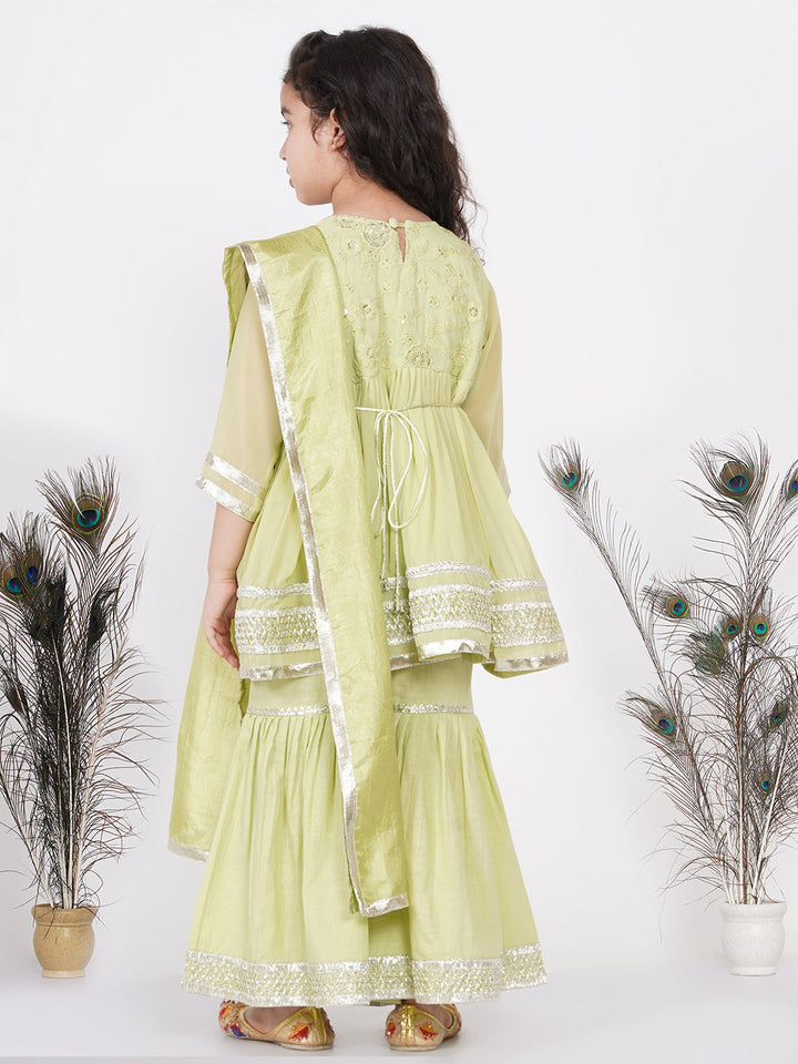 Girls jaipuri Lacework Kurta frock with Sharara and Dupatta - Classic Green | SHOBITAM