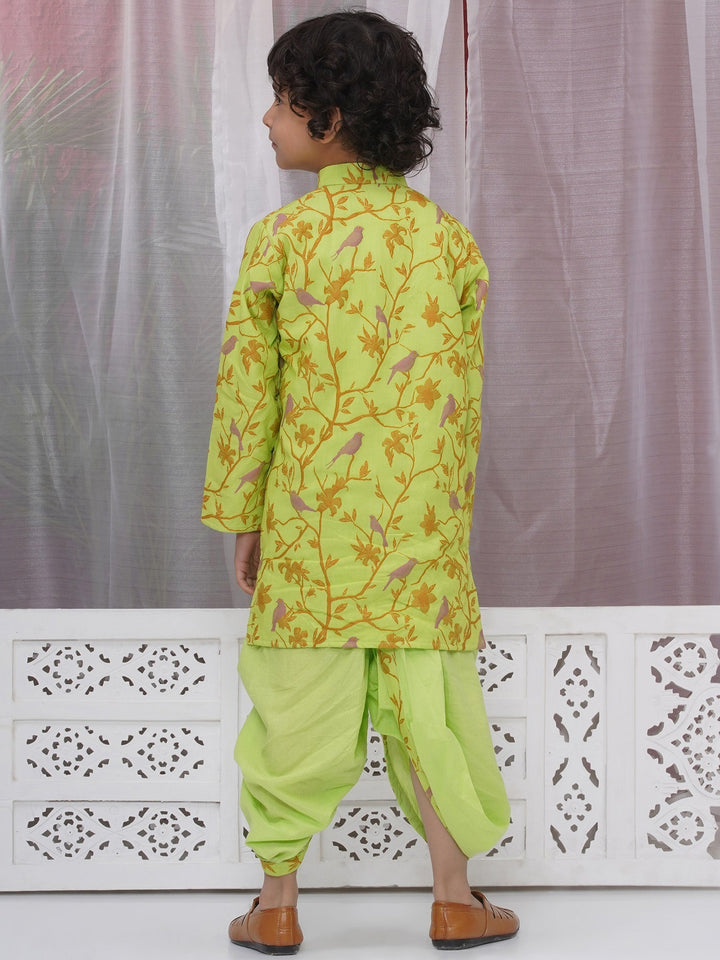 Boys Cotton Full Sleeves Kurta and Dhoti with Floral Bird Thread Embroidery- Green | SHOBITAM