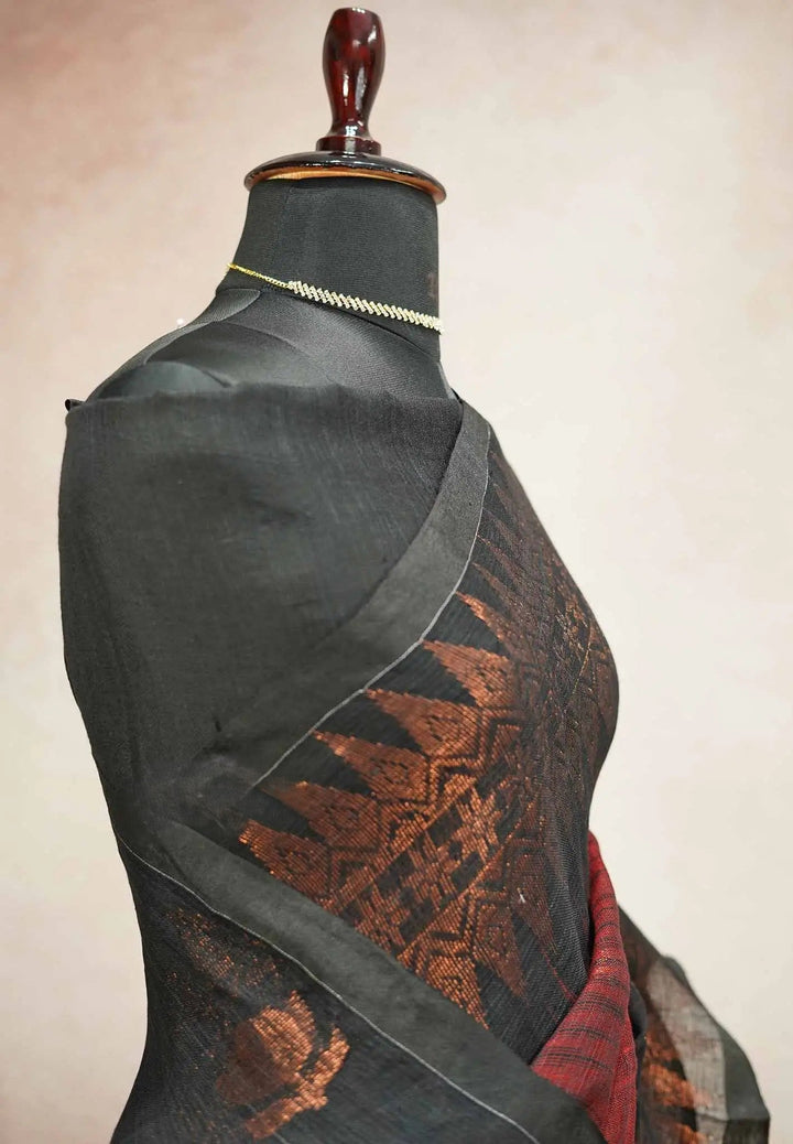 Linen Cotton marron Black saree with Standout borders | SHOBITAM