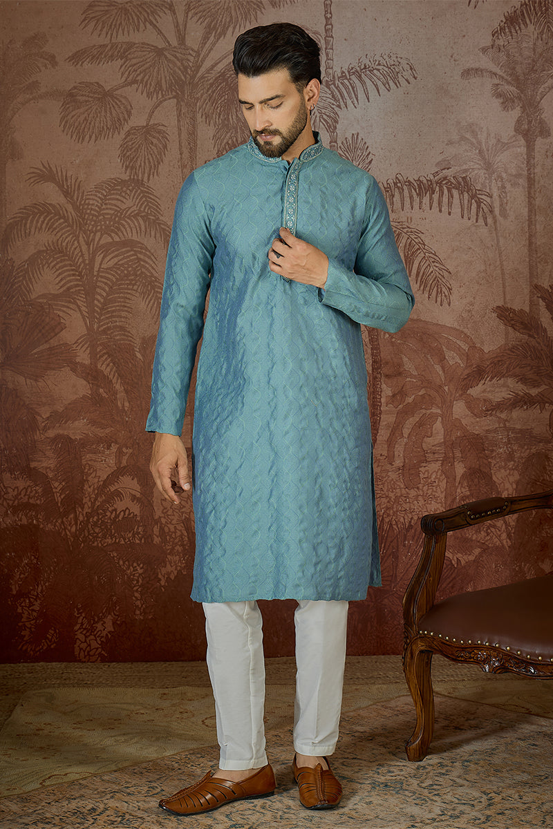 Mens Teal Jacquard Solid Embroidered Kurta | SHOBITAM