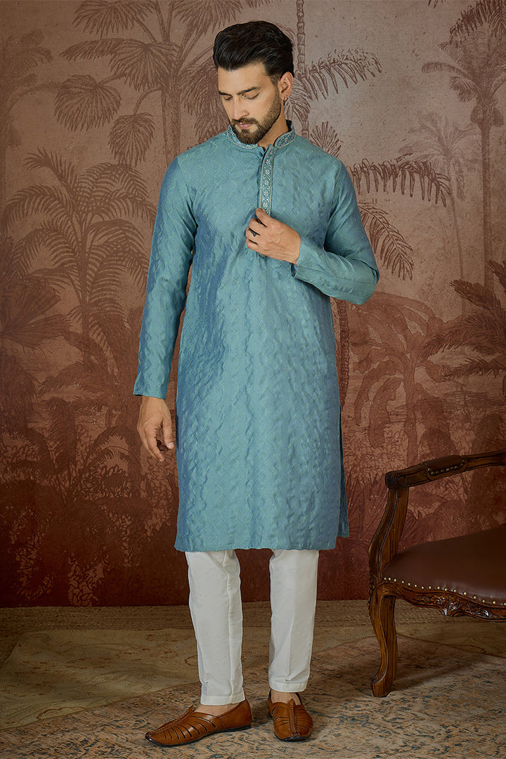 Mens Teal Jacquard Solid Embroidered Kurta | SHOBITAM