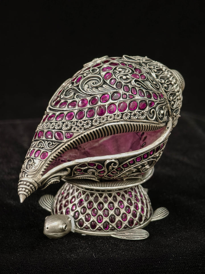 Pure 92.5 Silver Lakshmi Conch Shell with Turtle Stand, embellished with stones
