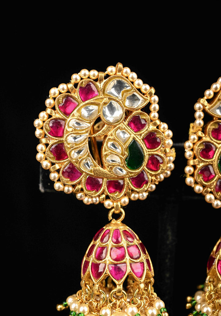 92.5 Pure Silver, 24 Ct Gold Plated Peacock Stud Jadau Jhumkas