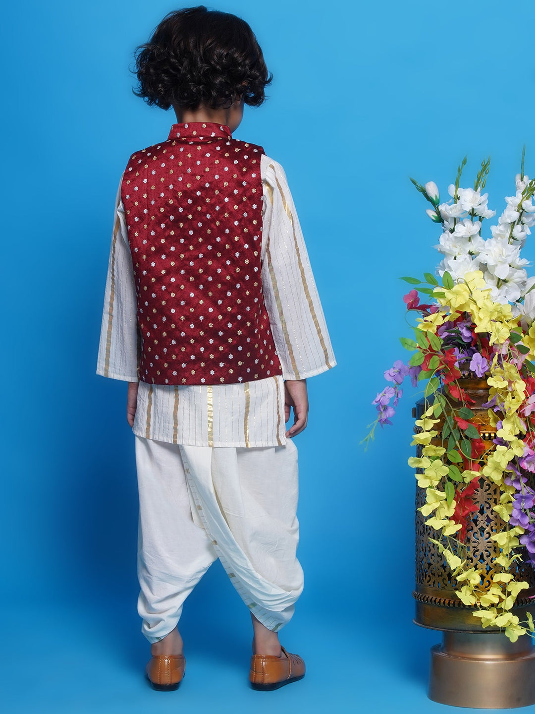 Chand Sitare Nehru Jacket with Cotton Dhoti Kurta - Cream & Maroon | SHOBITAM