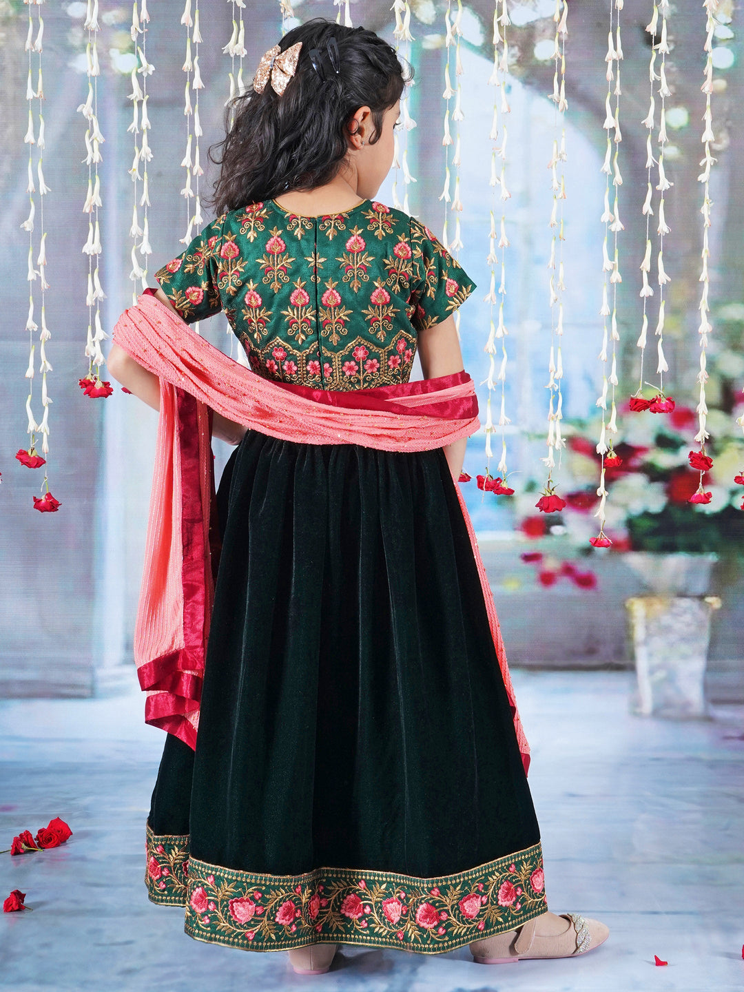 Girl Bageecha Floral Thread work Blouse with Velvet Lehenga and Sequin moti work Dupatta, accompanied with Hand made tassel and Ghungroo work in Green | SHOBITAM