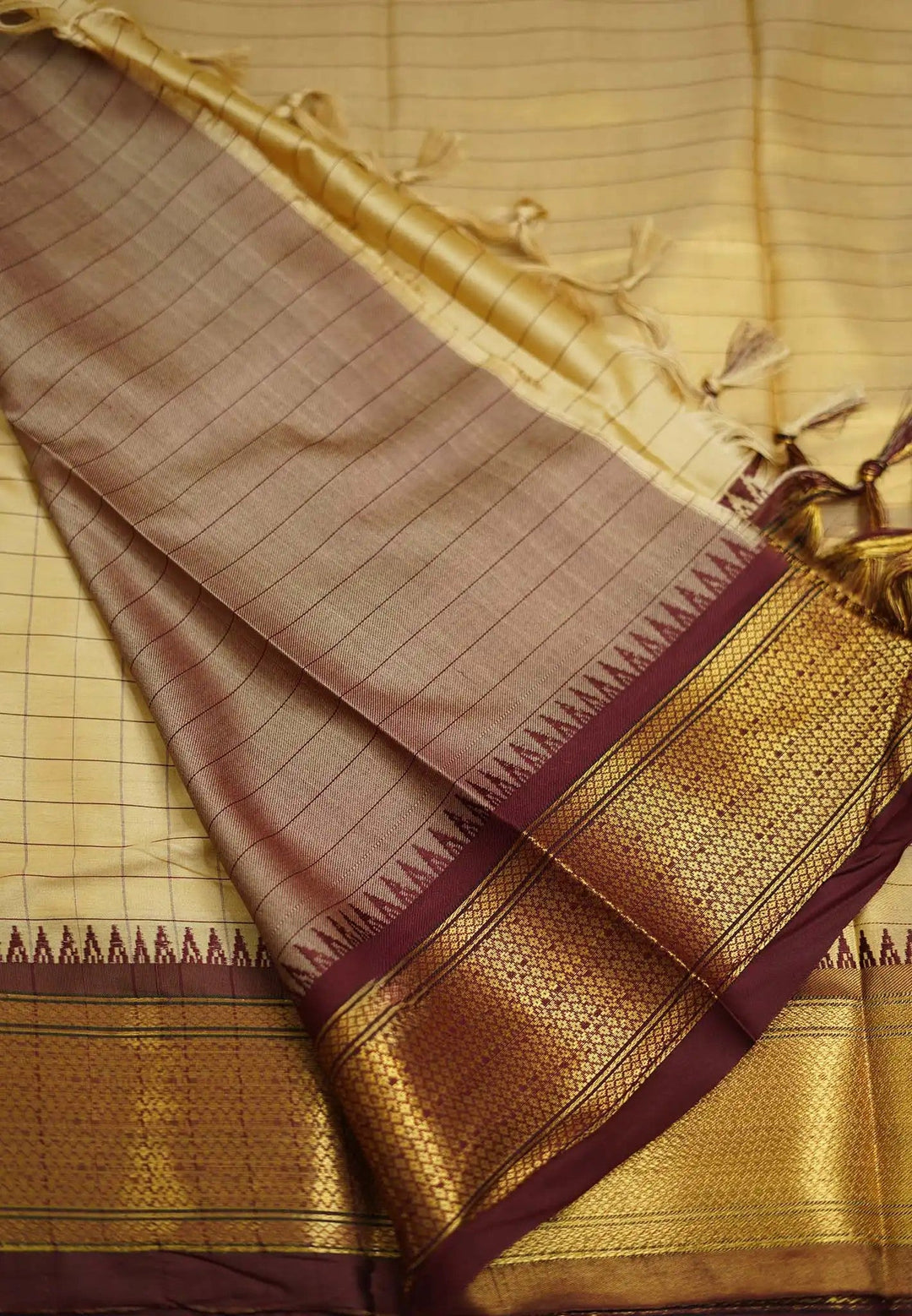 Beige Semi gadwal Saree with Maroon Contrast and Zari detailing| SHOBITAM
