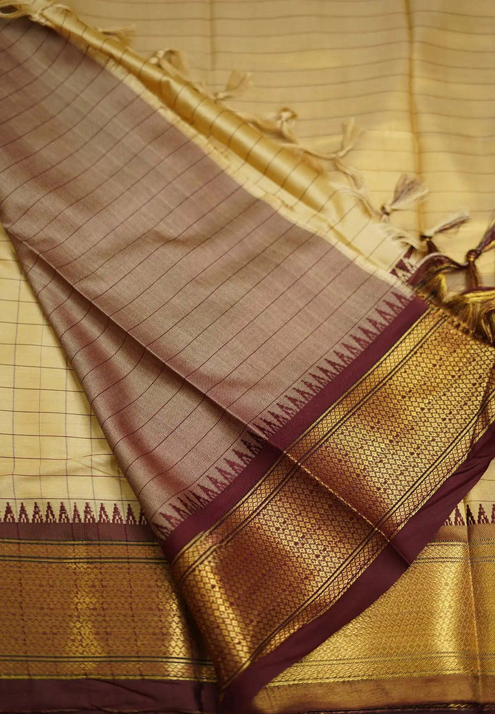 Beige Semi gadwal Saree with Maroon Contrast and Zari detailing| SHOBITAM