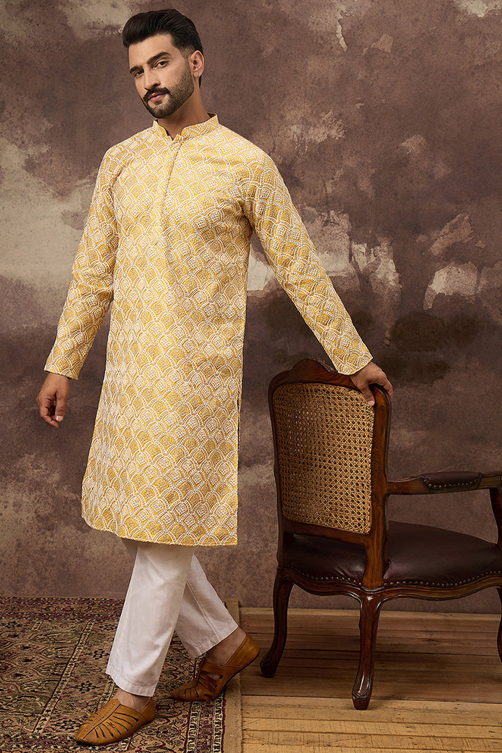 Yellow Viscose Rayon Solid Embroidered Straight Kurta with Trouser  | SHOBITAM