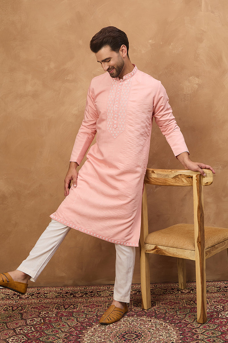 Peach Silk Blend Solid Solid Straight Kurta | SHOBITAM