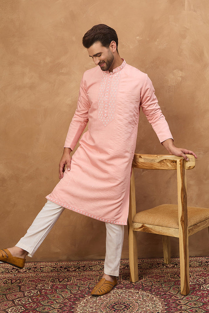 Peach Silk Blend Solid Solid Straight Kurta | SHOBITAM