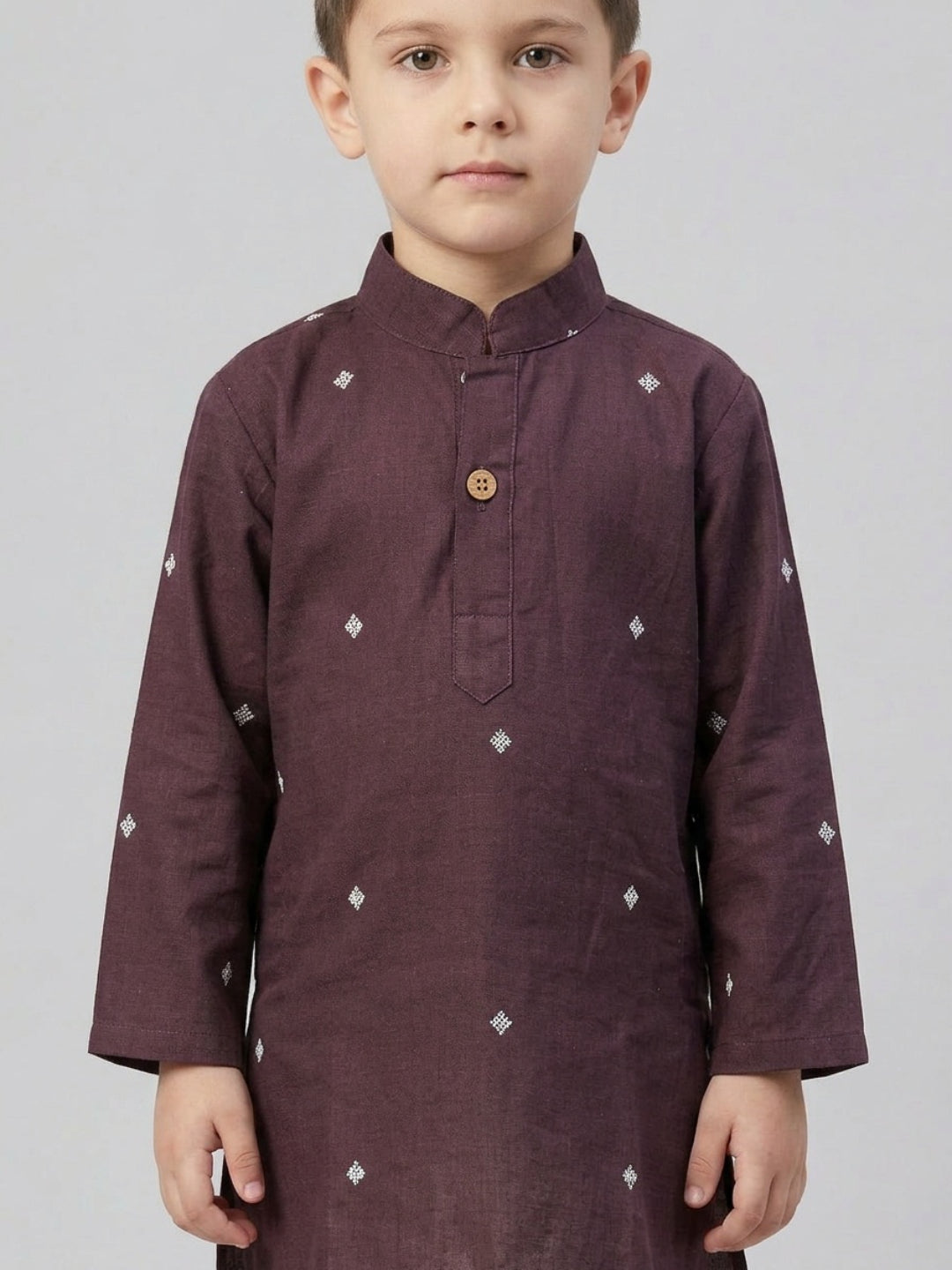 Boys Maroon Embroidered Mandarin Collar Cotton Kurta Set | SHOBITAM
