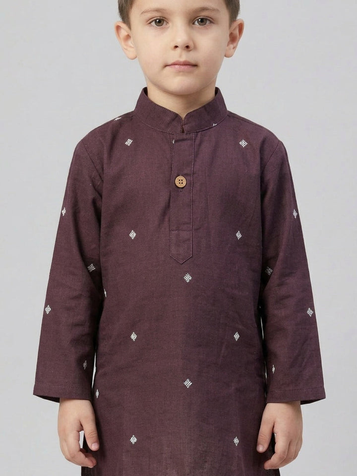 Boys Maroon Embroidered Mandarin Collar Cotton Kurta Set | SHOBITAM