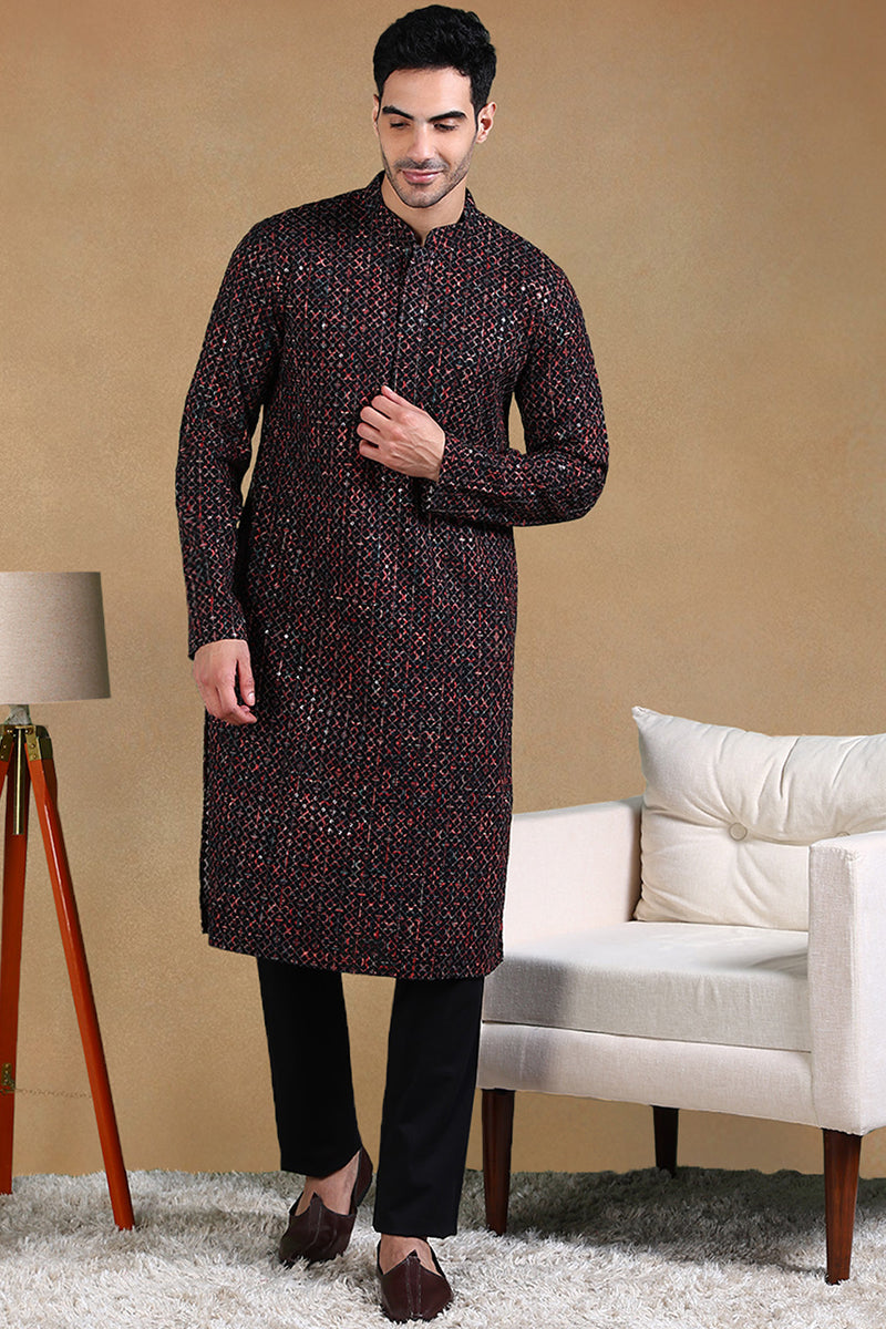 Black Viscose Rayon Ethnic Motifs Embroidered Straight Kurta For Men | SHOBITAM