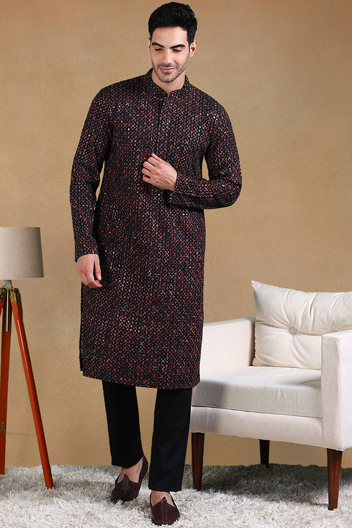 Black Viscose Rayon Ethnic Motifs Embroidered Straight Kurta For Men | SHOBITAM