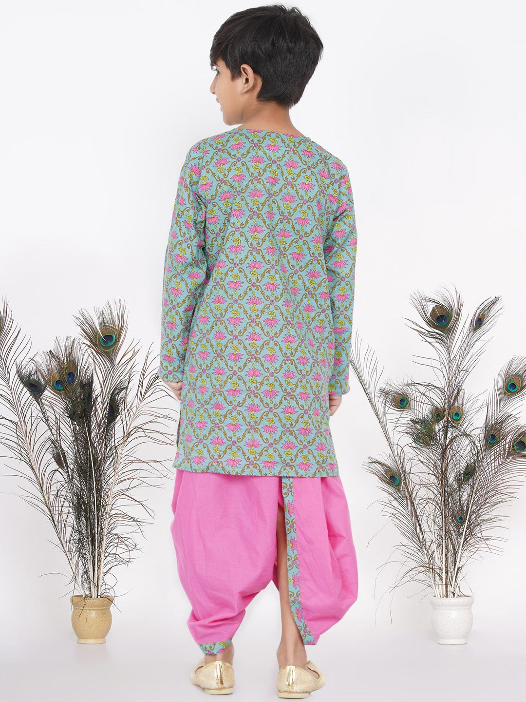 Boys Floral Kurta with Pearl Buttons and Dhoti in Blue and Pink  | SHOBITAM