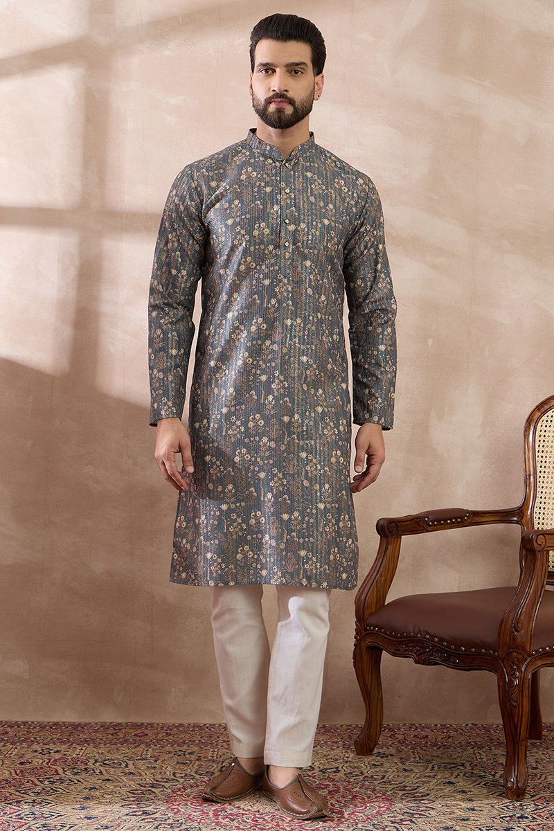Grey Silk Blend Printed Mandarin Collar Straight Kurta With Trouser | SHOBITAM