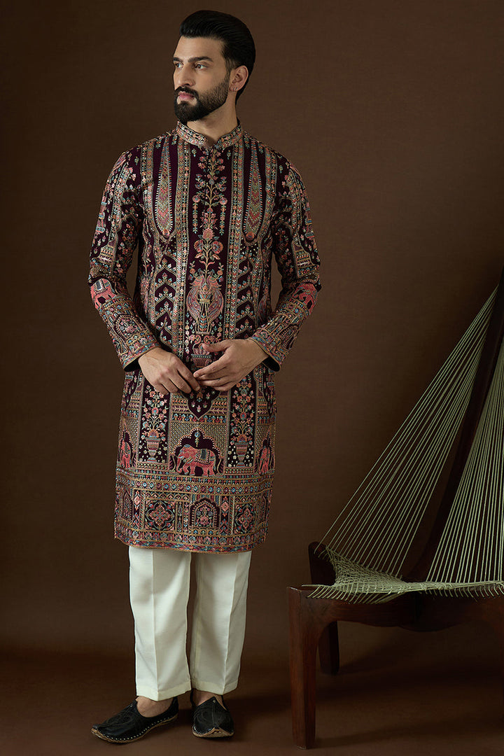Purple Georgette Solid Embroidered Straight Kurta | SHOBITAM