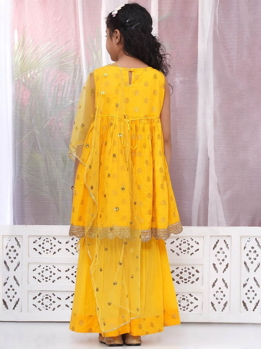 Girls Cotton Sleeveless Kurta Frock with Sharara and Dupatta with Golden Floral Zari Work - Haldi Yellow | SHOBITAM