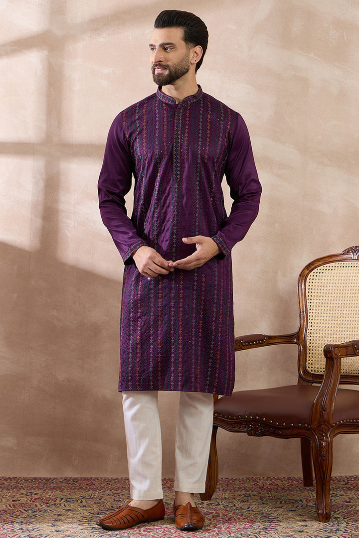 Purple Silk Blend Embroidered Mandarin Collar Straight Kurta With Trouser | SHOBITAM